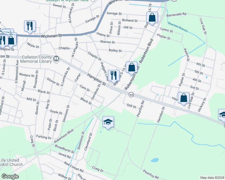 map of restaurants, bars, coffee shops, grocery stores, and more near 12 State Road S-15-78 in Walterboro