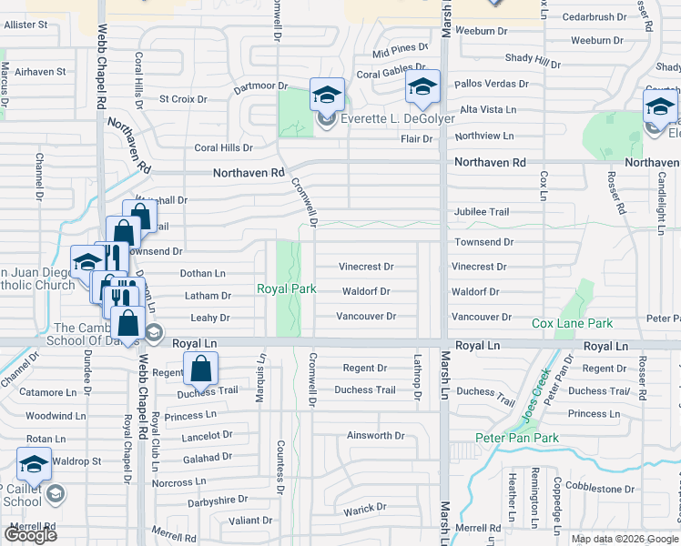 map of restaurants, bars, coffee shops, grocery stores, and more near 3528 Vinecrest Dr in Dallas