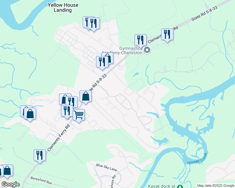 map of restaurants, bars, coffee shops, grocery stores, and more near 214 Kelsey Boulevard in Charleston