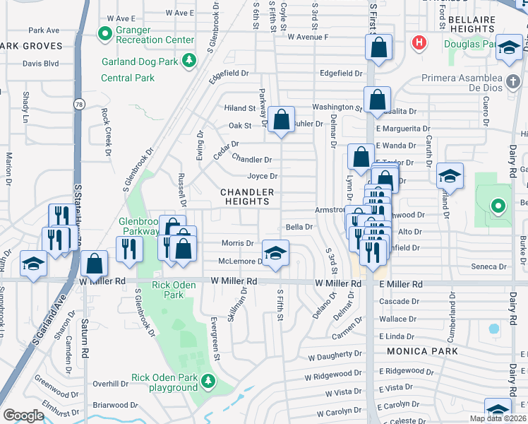 map of restaurants, bars, coffee shops, grocery stores, and more near 512 Armstrong Drive in Garland