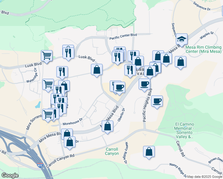 map of restaurants, bars, coffee shops, grocery stores, and more near 6055 Lusk Boulevard in San Diego