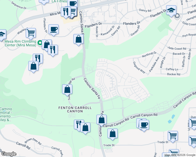 map of restaurants, bars, coffee shops, grocery stores, and more near 10211 Camino Santa Fe in San Diego
