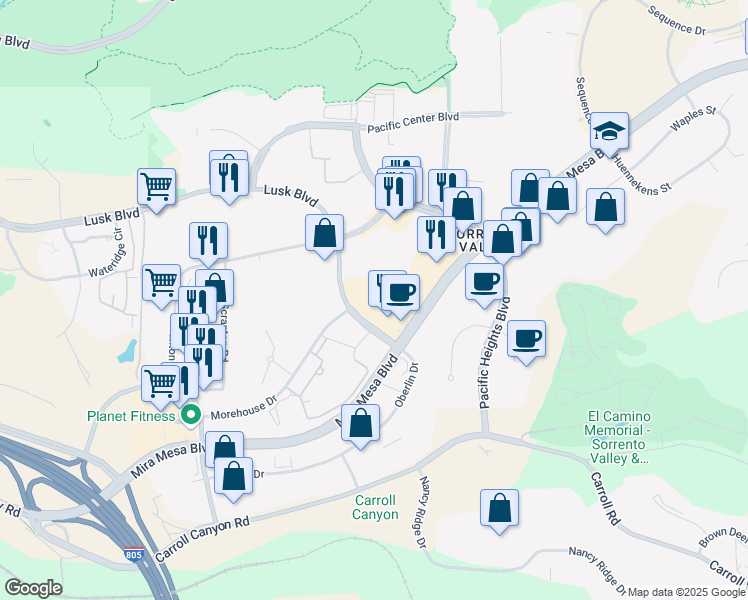 map of restaurants, bars, coffee shops, grocery stores, and more near 6055 Lusk Boulevard in San Diego