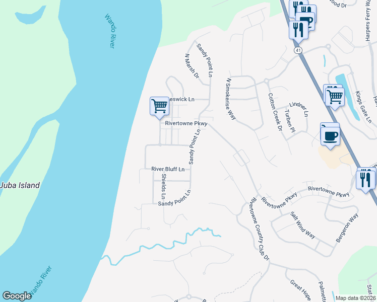 map of restaurants, bars, coffee shops, grocery stores, and more near 2193 Sandy Point Lane in Mount Pleasant