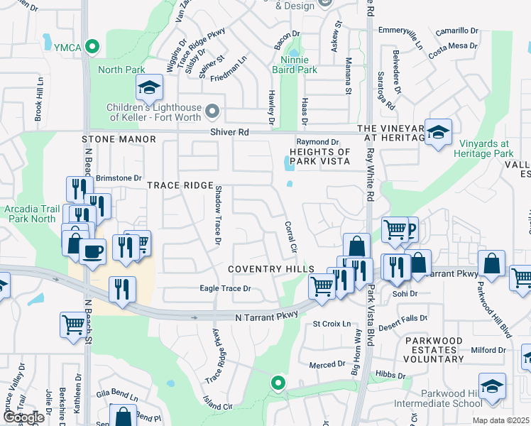 map of restaurants, bars, coffee shops, grocery stores, and more near 8728 Lariat Circle in Fort Worth