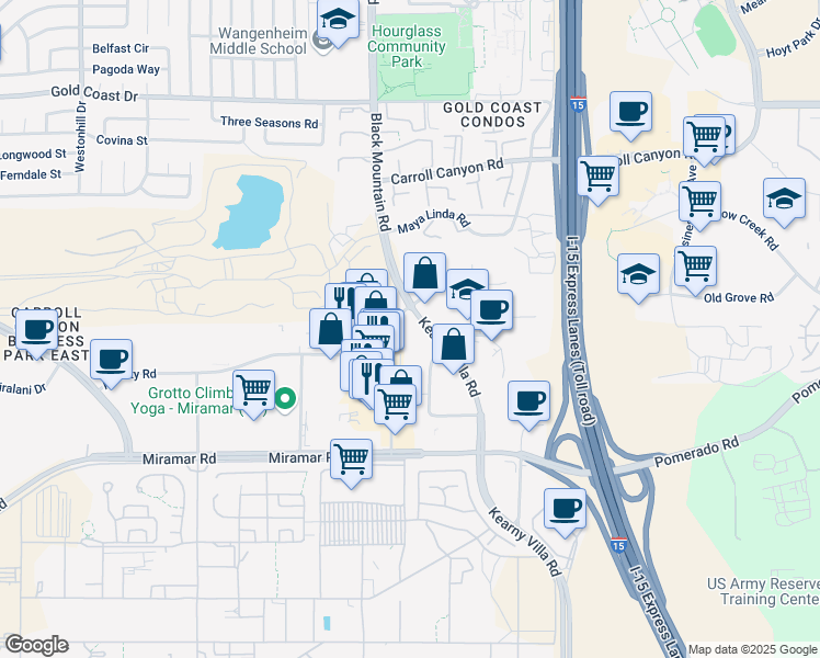 map of restaurants, bars, coffee shops, grocery stores, and more near 9625 Black Mountain Road in San Diego