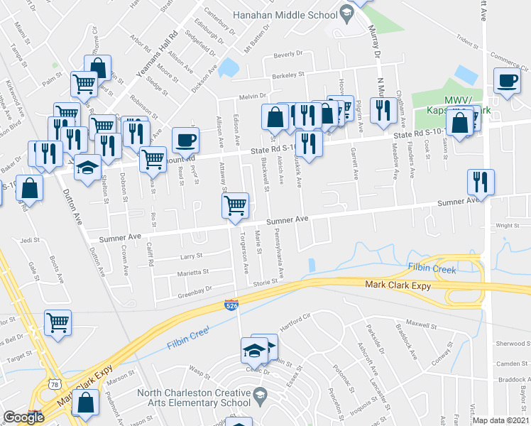 map of restaurants, bars, coffee shops, grocery stores, and more near 61 1465 Remount Road Access Road in North Charleston