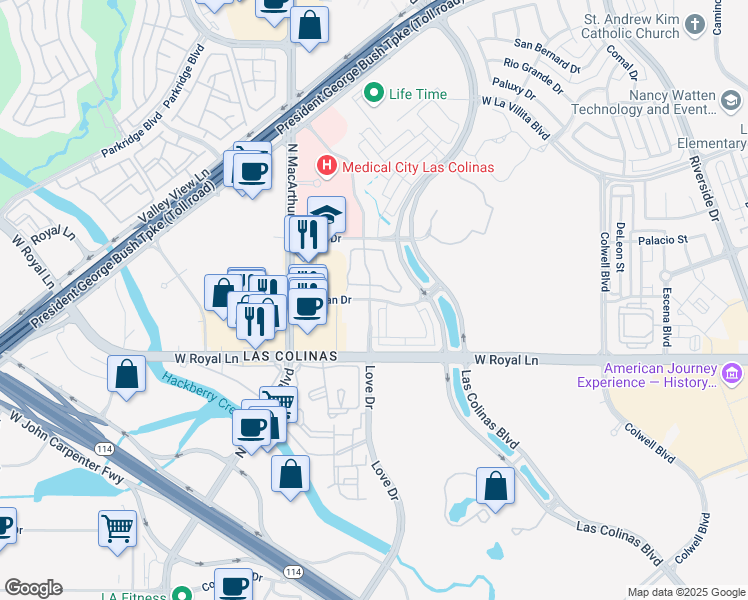 map of restaurants, bars, coffee shops, grocery stores, and more near 605 Via Ravello in Irving