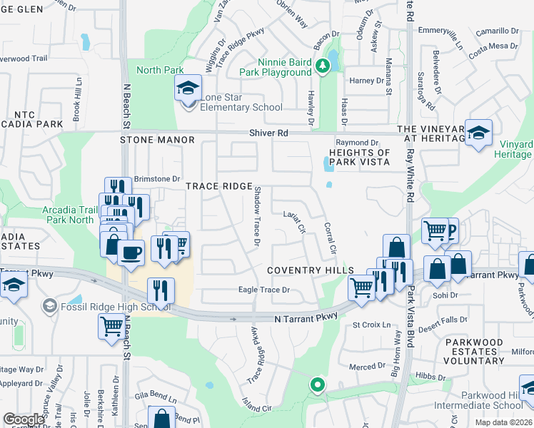 map of restaurants, bars, coffee shops, grocery stores, and more near 8761 Lariat Circle in Fort Worth