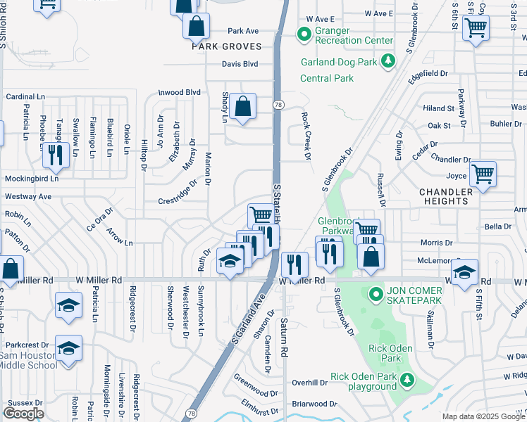 map of restaurants, bars, coffee shops, grocery stores, and more near 1405 Williams Drive in Garland