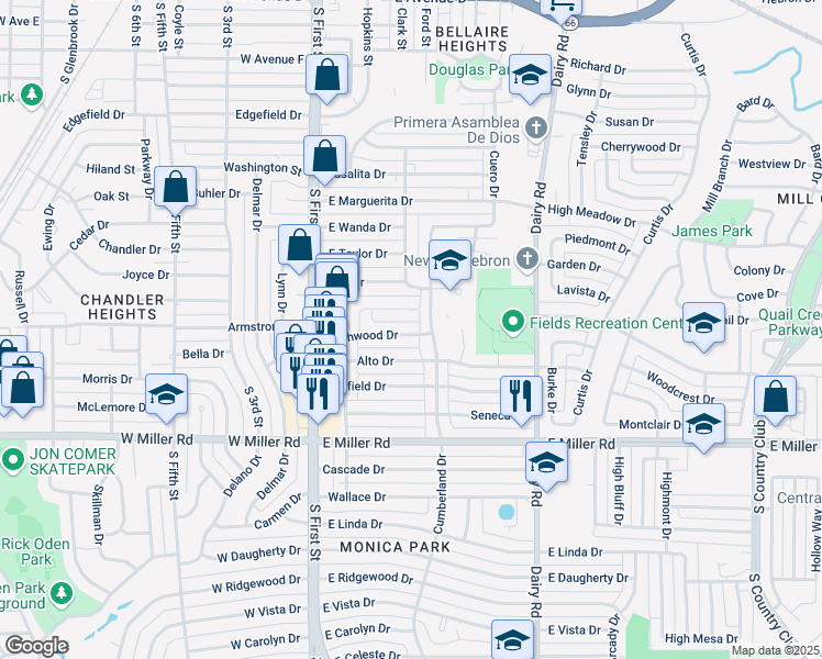 map of restaurants, bars, coffee shops, grocery stores, and more near 307 Southwood Drive in Garland