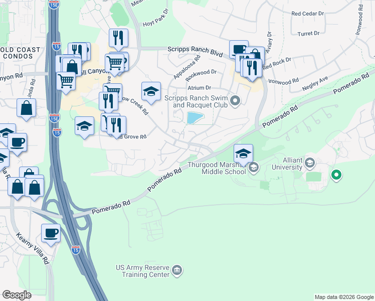 map of restaurants, bars, coffee shops, grocery stores, and more near 10367 Caminito Covewood in San Diego