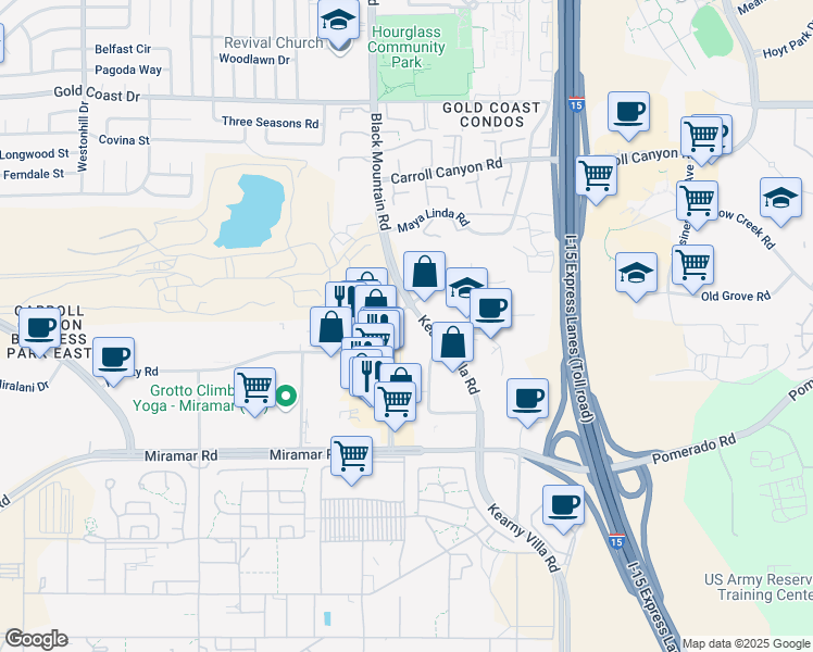 map of restaurants, bars, coffee shops, grocery stores, and more near 9625 Black Mountain Road in San Diego
