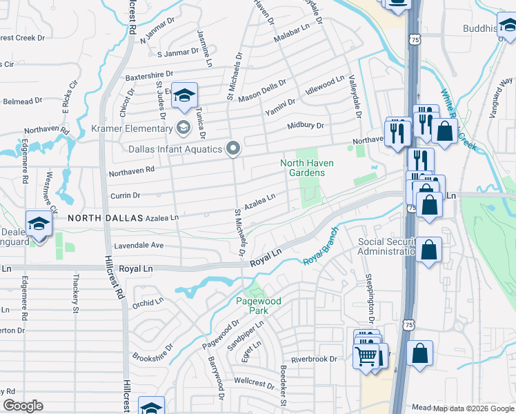 map of restaurants, bars, coffee shops, grocery stores, and more near 7406 Azalea Lane in Dallas
