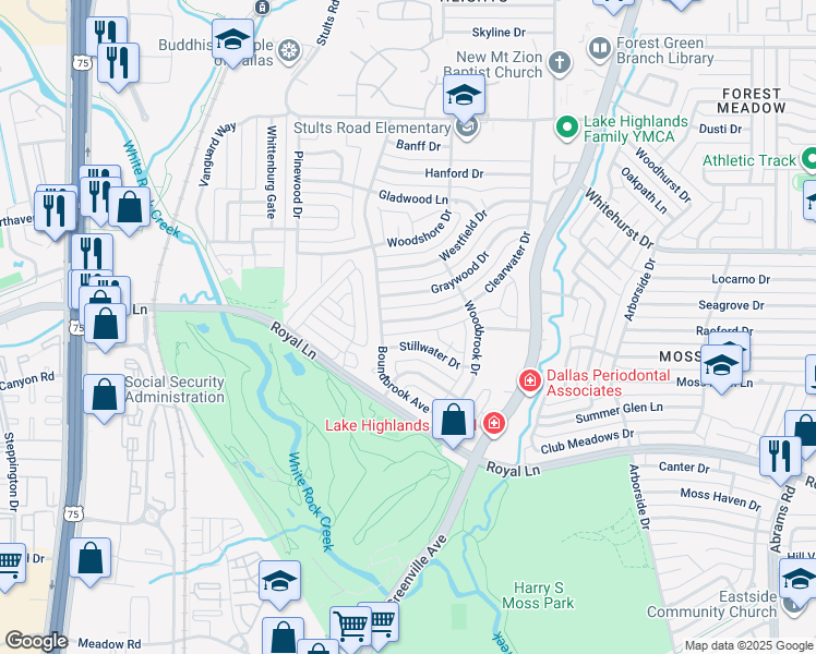 map of restaurants, bars, coffee shops, grocery stores, and more near 8826 Clearwater Drive in Dallas