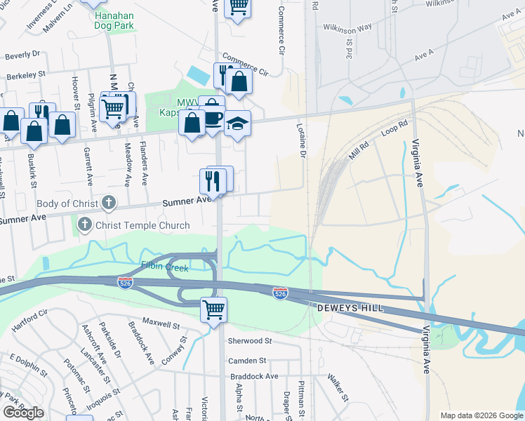 map of restaurants, bars, coffee shops, grocery stores, and more near 5474 Turner Street in North Charleston