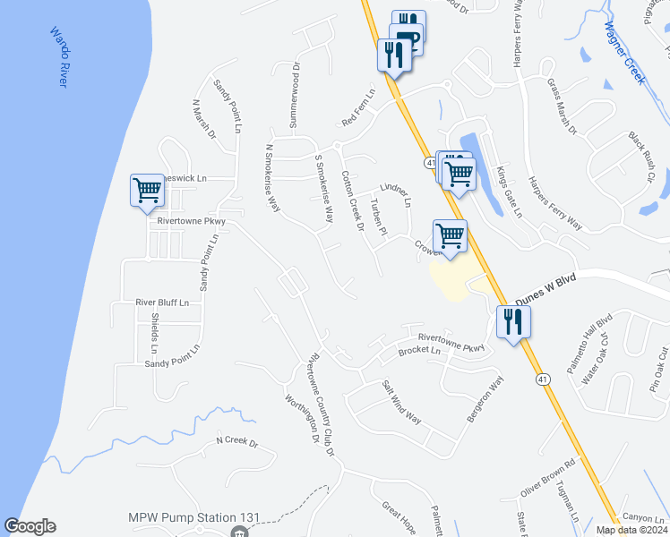 map of restaurants, bars, coffee shops, grocery stores, and more near 1951 North Smokerise Way in Mount Pleasant