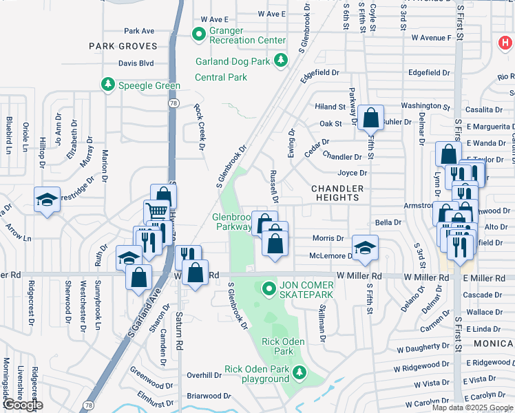 map of restaurants, bars, coffee shops, grocery stores, and more near Palacio Apartment in Garland