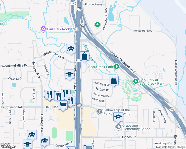 map of restaurants, bars, coffee shops, grocery stores, and more near 3606 Park Court in Grapevine