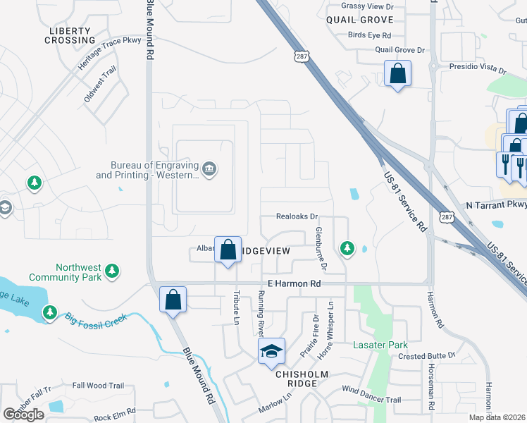 map of restaurants, bars, coffee shops, grocery stores, and more near 8760 Devonshire Drive in Fort Worth