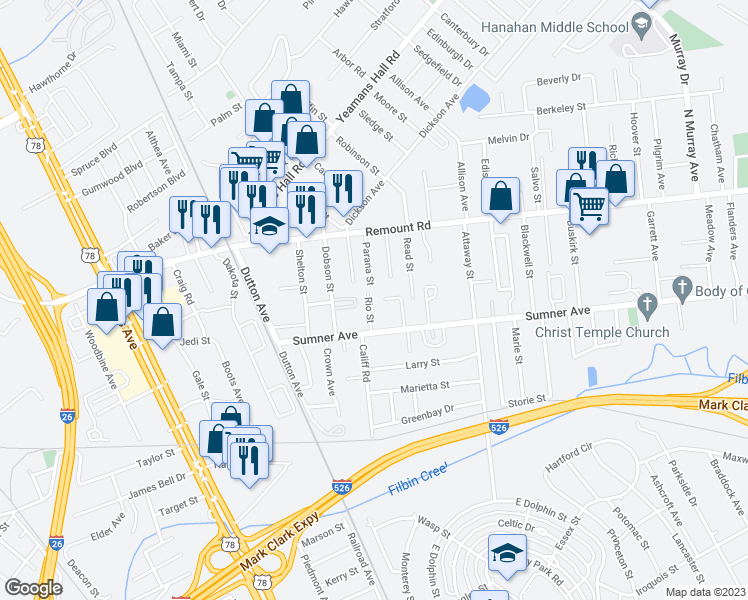 map of restaurants, bars, coffee shops, grocery stores, and more near 5530 Rio Street in North Charleston