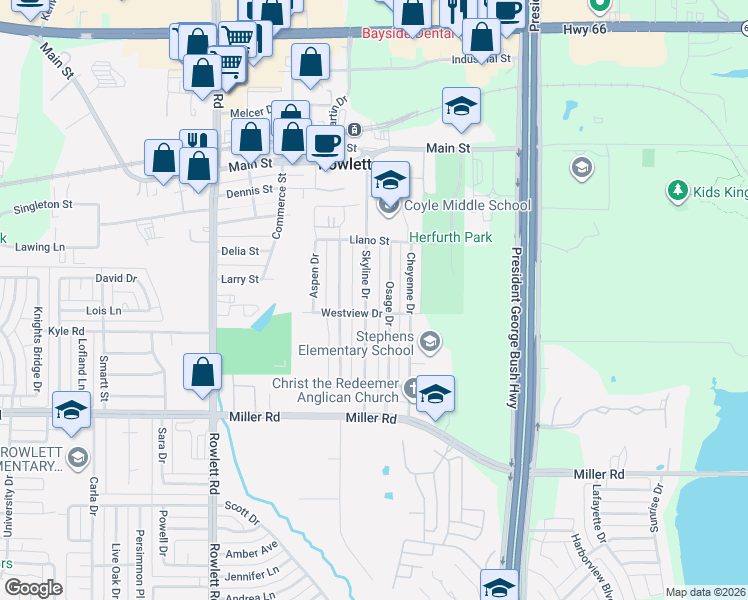 map of restaurants, bars, coffee shops, grocery stores, and more near 4106 Skyline Drive in Rowlett