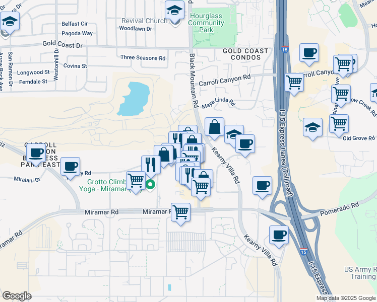 map of restaurants, bars, coffee shops, grocery stores, and more near 9630 Black Mountain Road in San Diego