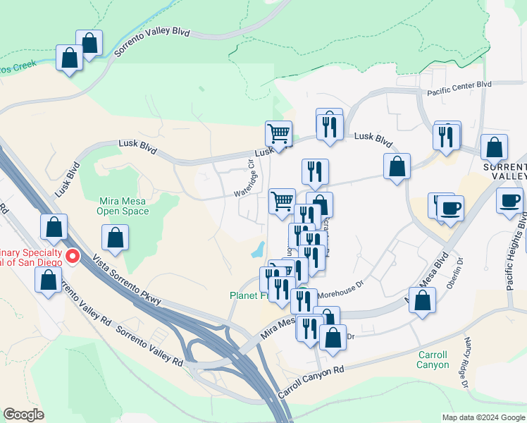 map of restaurants, bars, coffee shops, grocery stores, and more near 10254 Wateridge Circle in San Diego