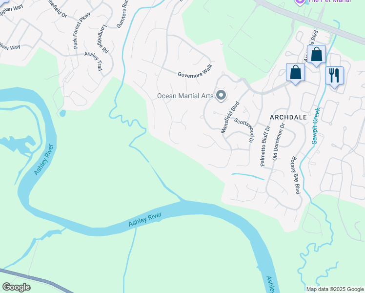 map of restaurants, bars, coffee shops, grocery stores, and more near 5592 Indigo Fields Boulevard in North Charleston