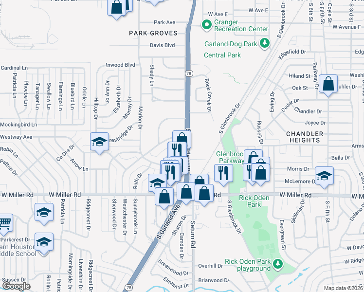 map of restaurants, bars, coffee shops, grocery stores, and more near 1405 Williams Drive in Garland