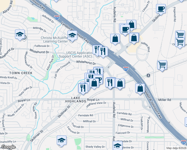 map of restaurants, bars, coffee shops, grocery stores, and more near 8748 Coppertowne Lane in Dallas