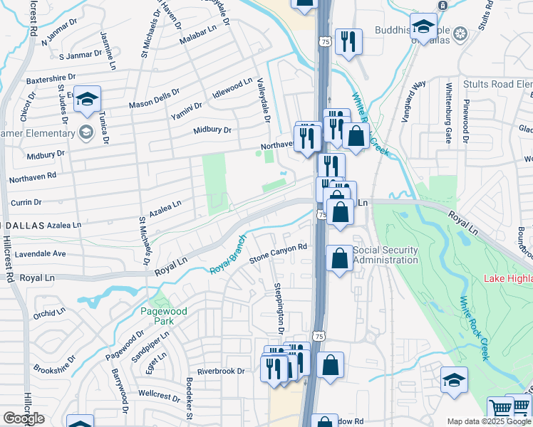 map of restaurants, bars, coffee shops, grocery stores, and more near 7720 Royal Lane in Dallas