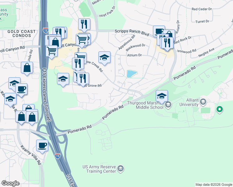 map of restaurants, bars, coffee shops, grocery stores, and more near 10263 Caminito Toronjo in San Diego