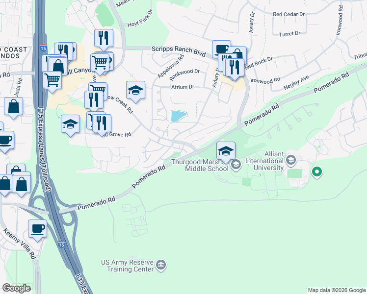 map of restaurants, bars, coffee shops, grocery stores, and more near 76 Caminito Aralia in San Diego