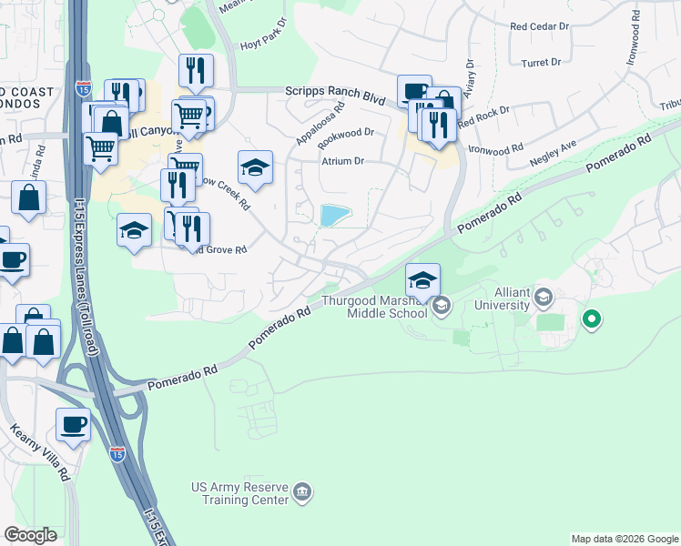 map of restaurants, bars, coffee shops, grocery stores, and more near 42 Caminito Marlock in San Diego