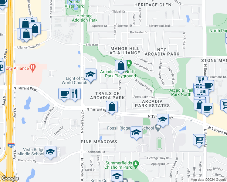map of restaurants, bars, coffee shops, grocery stores, and more near 4000 Carlsbad Way in Fort Worth