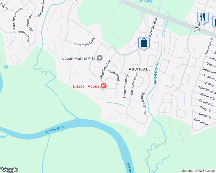 map of restaurants, bars, coffee shops, grocery stores, and more near 8101 Penshire Court in Charleston