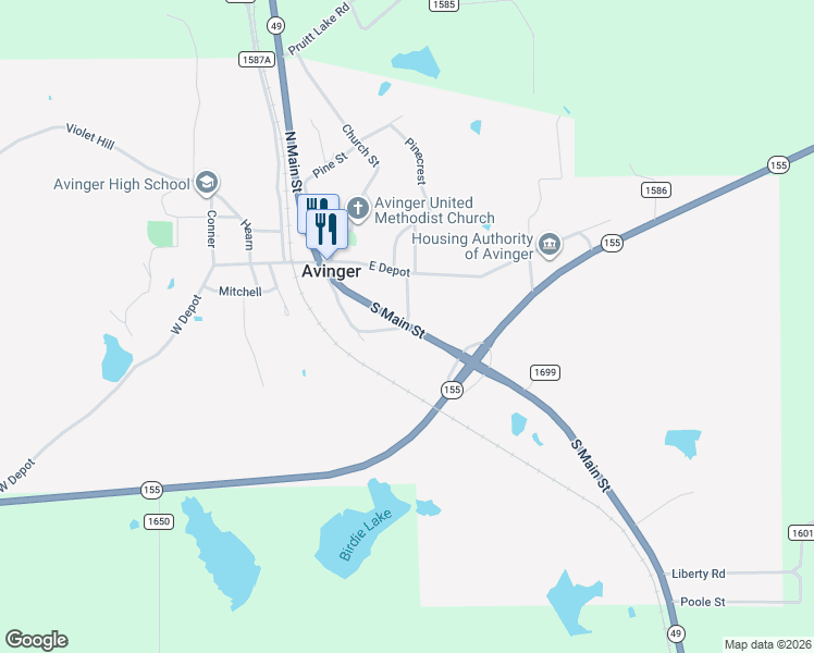 map of restaurants, bars, coffee shops, grocery stores, and more near 365 South Main Street in Avinger
