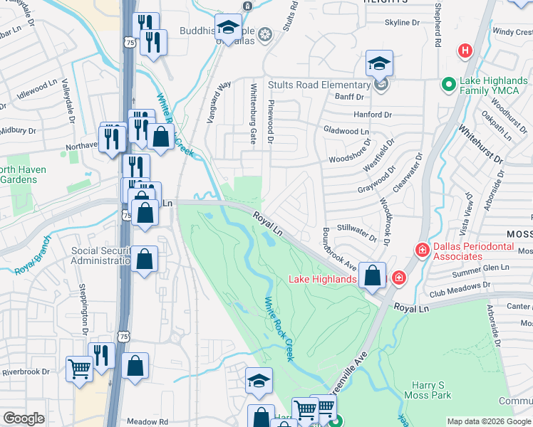 map of restaurants, bars, coffee shops, grocery stores, and more near 8304 Coral Drive in Dallas