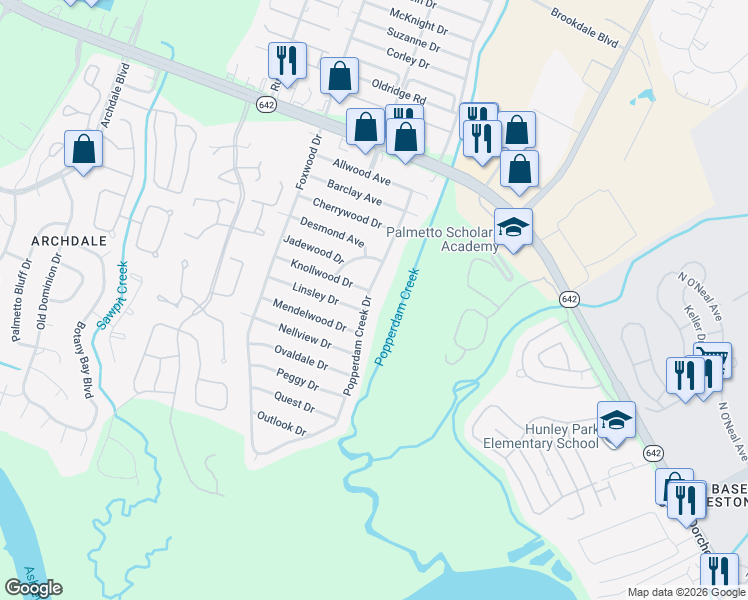 map of restaurants, bars, coffee shops, grocery stores, and more near 4841 Popperdam Creek Drive in North Charleston