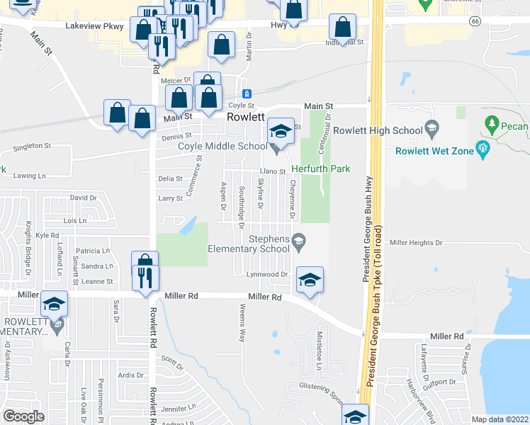 map of restaurants, bars, coffee shops, grocery stores, and more near 4106 Skyline Drive in Rowlett