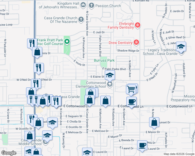 map of restaurants, bars, coffee shops, grocery stores, and more near 531 East Elaine Street in Casa Grande