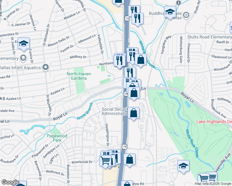 map of restaurants, bars, coffee shops, grocery stores, and more near 7908 Royal Lane in Dallas