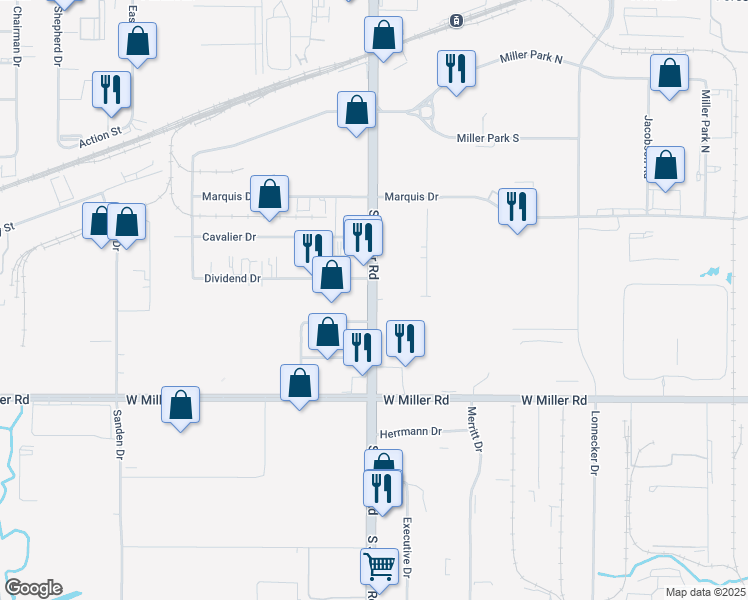map of restaurants, bars, coffee shops, grocery stores, and more near 1600 South Jupiter Road in Garland