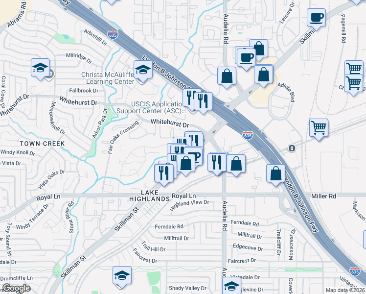 map of restaurants, bars, coffee shops, grocery stores, and more near 8748 Coppertowne Lane in Dallas