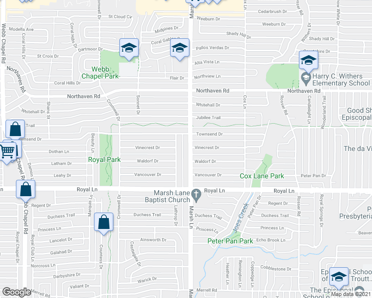 map of restaurants, bars, coffee shops, grocery stores, and more near 11007 Marsh Lane in Dallas