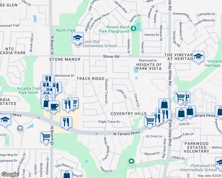 map of restaurants, bars, coffee shops, grocery stores, and more near 8761 Lariat Circle in Fort Worth
