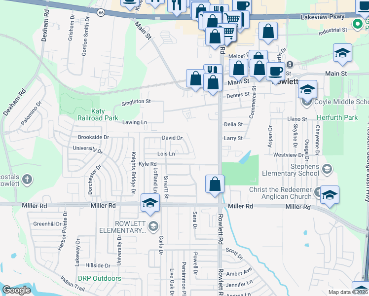 map of restaurants, bars, coffee shops, grocery stores, and more near 4005 David Drive in Rowlett
