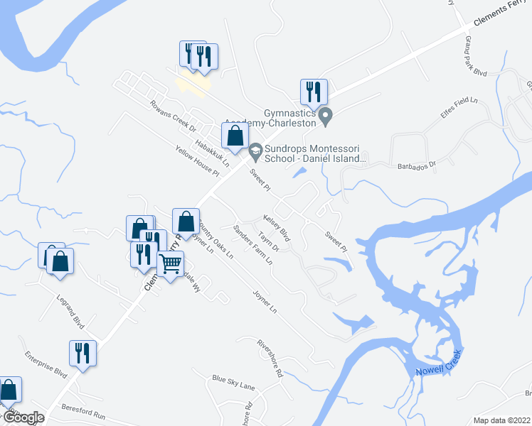 map of restaurants, bars, coffee shops, grocery stores, and more near 228 Kelsey Boulevard in Charleston