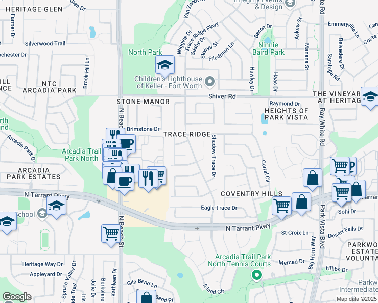 map of restaurants, bars, coffee shops, grocery stores, and more near 8721 Trace Ridge Parkway in Fort Worth